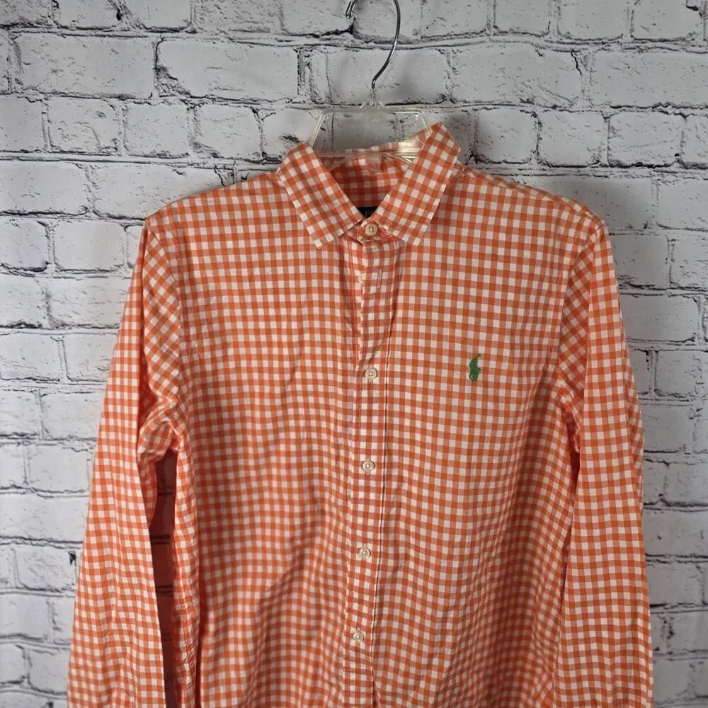 Ralph Lauren Orange Long Sleeve Gingham Check Button Up Shirt Size L (14-16)
